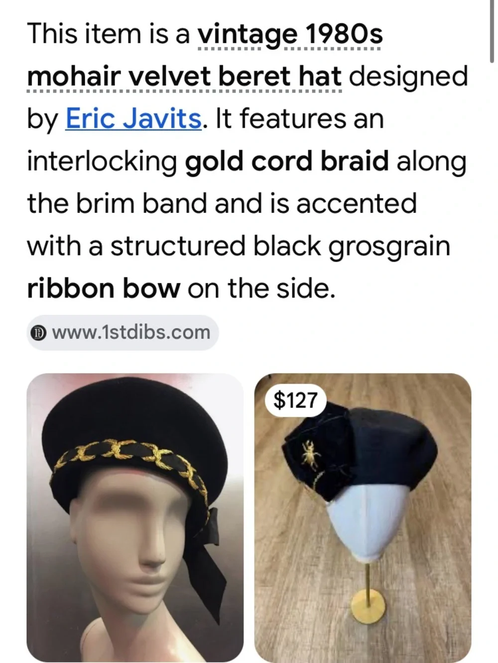 1980’s Eric Javits Mohair Velvet Beret Hat with Gold Cord and Ribbon Bow - Picture 2 of 16